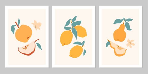 Hand drawn set abstract boho poster with tropical fruit lemon, apple, pear, flowe isolated on beige background. Vector flat illustration. Design for pattern, logo, posters, invitation, greeting card