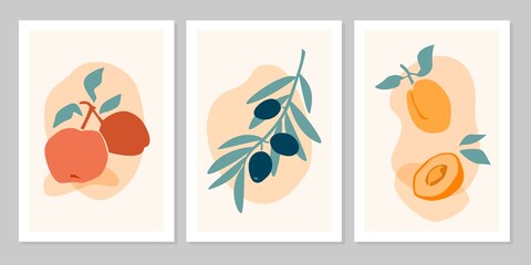 Hand drawn set abstract boho poster with apple, olive,  apricot on beige background. Vector flat illustration. Design for pattern, logo, posters, invitation, greeting card 