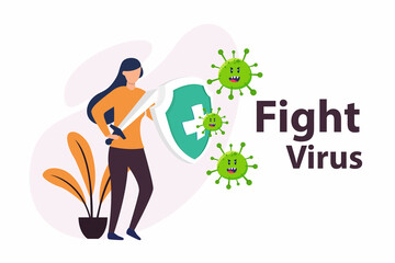 Vector illustration fight covid-19 corona virus. cure corona virus. people fight virus concept. corona viruses vaccine concept. end of 2019-ncov. don't be afraid of the corona virus concept.