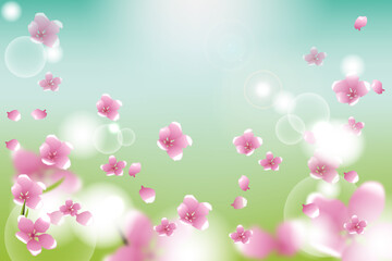 Cherry Sakura Petals Confetti. Windy Leaves Poster. Female Texture. Pink flowers blossoming, spring background. Blue, green, pink bokeh background. Floral frame. Flare effect.