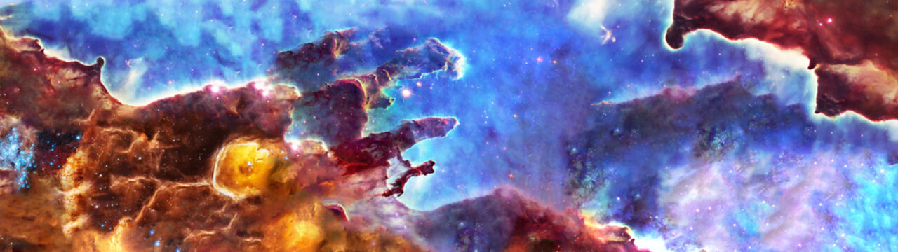 Somewhere in space near Pillars of creation. Ultra wide space wallpaper. Science fiction. Elements of this image were furnished by NASA