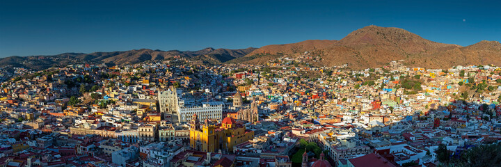 Large size aerial panorama of Guanajuato city at sunset, Mexico.