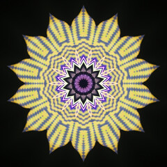 Ornament on a black background. Technically modified, abstract pattern.Fantasy color pattern in combination of yellow and purple with a flower shape in the center.