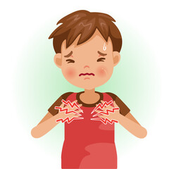 Heartburn. The boy is sick, Sick kid and feeling bad. Portrait of boy chest pain from acid reflux.
