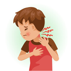 Neck pain or sore. The boy is sick, Sick person and feeling bad.