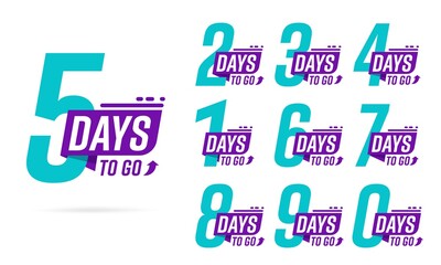 5, 2, 3, 4, 1, 6, 7, 8, 9, 0 days to go badge arrow template. Left time in days countdown motivation and inspiration label layout set vector illustration isolated on white background