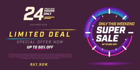 Only this weekend limited deal special super sale offer. Now to buy with up to 50 percent off only 24 hour and website information banner template vector illustration on purple background