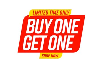 Buy one get one limited time only to shop now bogo template. Special offer for economic shopping, price off clearance discount badge vector illustration isolated on white background