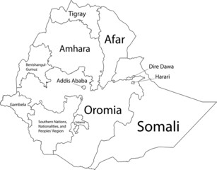 White vector map of the Federal Democratic Republic of Ethiopia with black borders and names of its regions