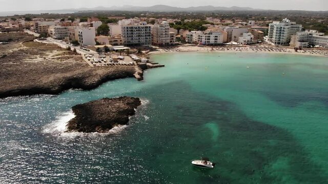 Aerial approaches beach: Cala Moreia on Mediterranean island, Majorca