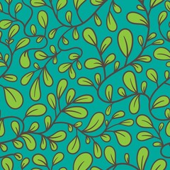 Fototapeta na wymiar Seamless pattern with plants on green background. Vector print with herbs. Doodle botanical wallpaper.
