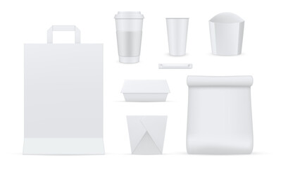 Packaging for food, drinks empty realistic mockups set. Paper cup, carton box, container.