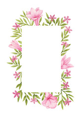 Watercolor floral frame with pink flowers on white background
