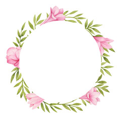 Fototapeta na wymiar Watercolor wreath with exotic leaves and pink flowers on white background