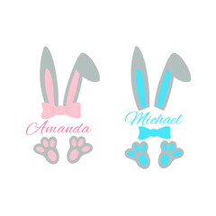 Easter baby monogram for girl and boy with cute bunny ears and paws. Funny Easter design. Vector template for clothes, poster, greeting card, banner, sticker, etc