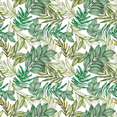 Seamless pattern with green foliage on white background
