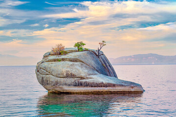 Bonsai Rock in Lake Tahoe is a popular tourist destination.