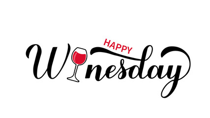 Happy Winesday calligraphy hand lettering with glass of wine. Funny drinking quote. Wine pun typography poster. Vector template for flyer, banner, sticker, label, t-shirt, etc