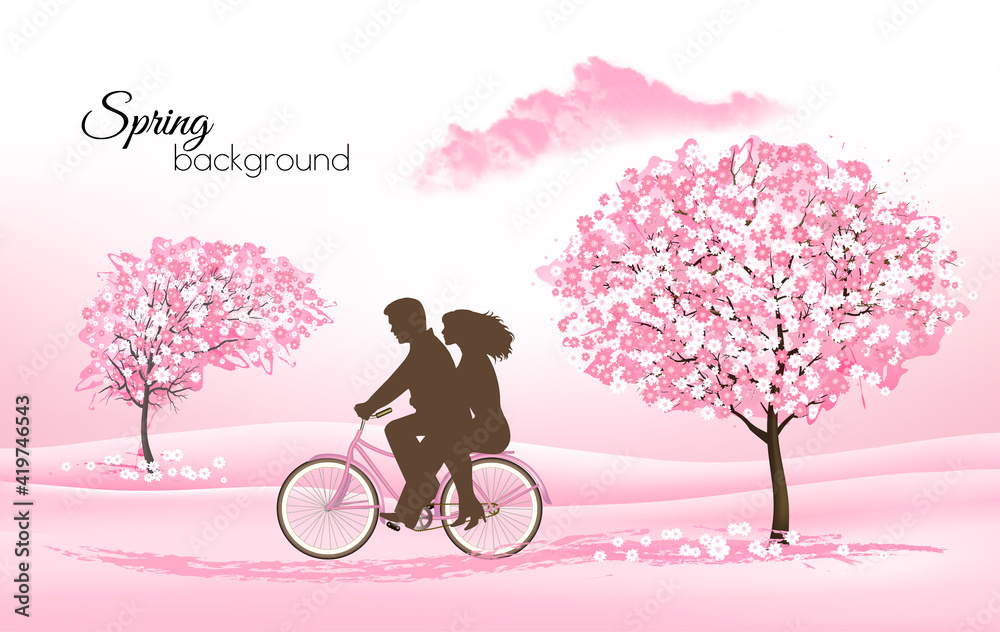 Poster spring nature background with a blossoming sakura trees and a bike. vector.