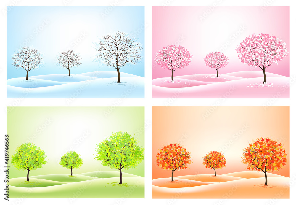 Aufkleber four nature backgrounds with stylized trees representing different seasons. vector.