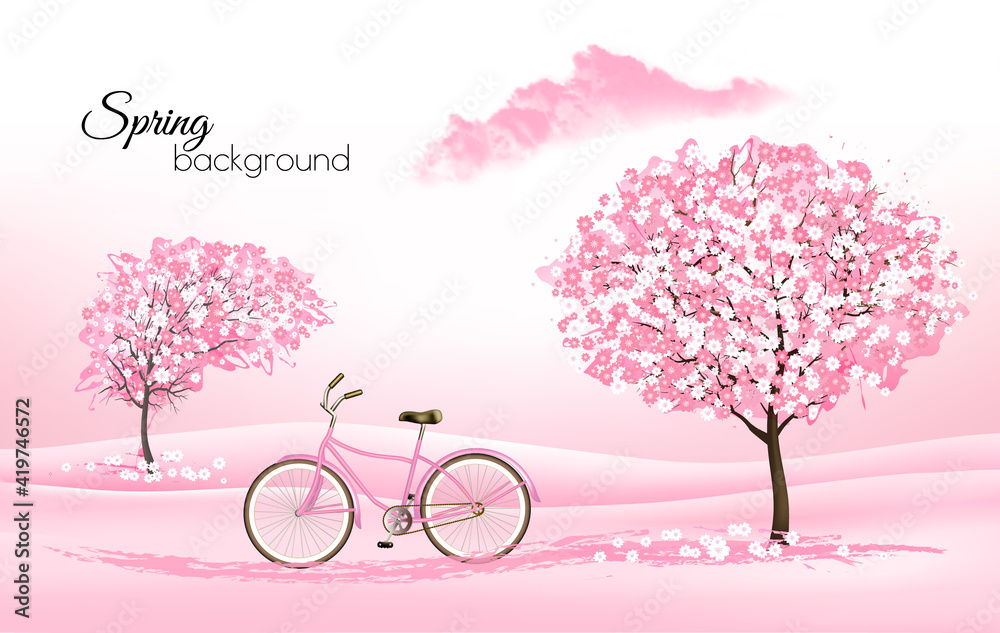 Poster spring nature background with a blossoming sakura trees and a pink bike. vector.