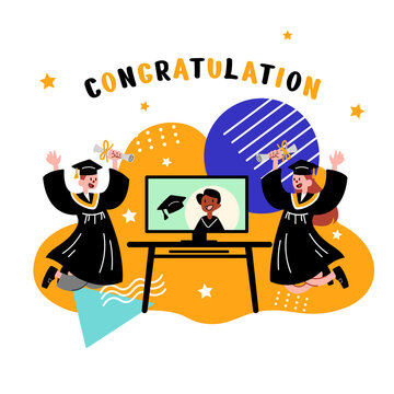 Online virtual graduation ceremony. A pair of bachelors stand behind pc screen flat vector illustration.