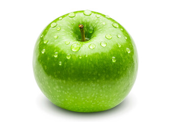 Green apple with water drops on white isolated background. Organic Fresh Granny smith apple. Healthy fruit food. Macro close-up. Food Photography. Good for poster, billboard or backdrop.