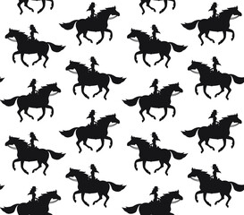 Vector seamless pattern of black western cowboy girl woman riding running horse silhouette isolated on white background