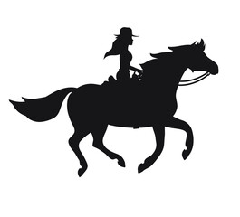 Vector western cowboy girl woman riding running horse silhouette isolated on white background
