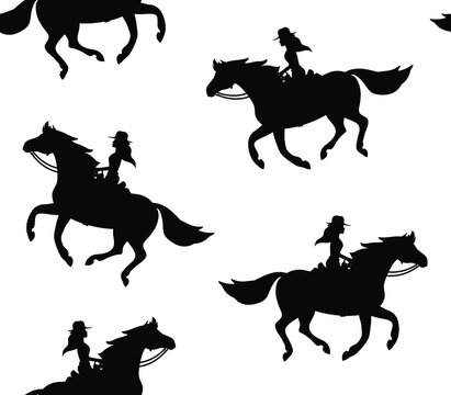Vector seamless pattern of western cowboy girl woman riding running horse silhouette isolated on white background