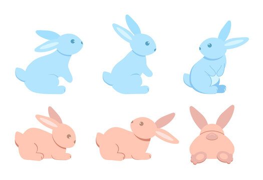 A set of cute rabbits. Six colored sitting and recumbent bunnies on a white background. Festive Easter bunnies. Vector illustration.