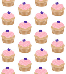 Vector seamless pattern of hand drawn doodle sketch colored cupcake isolated on white background