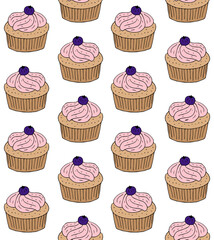 Vector seamless pattern of colored hand drawn doodle sketch cupcake isolated on white background