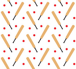 Vector seamless pattern of flat colored cricket bat and ball isolated on white background