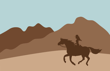 Vector flat cartoon cowboy woman silhouette riding horse isolated on landscape background
