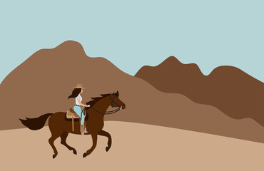 Vector flat cartoon cowboy woman girl riding horse isolated on landscape background