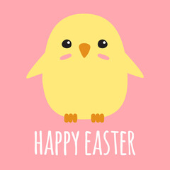 Vector hand drawn doodle flat chick and happy easter lettering isolated on pink background