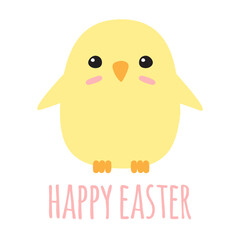Vector hand drawn doodle flat chick and happy easter lettering isolated on white background