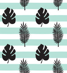 Fototapeta na wymiar Vector seamless pattern of hand drawn palm and monstera leaves silhouette isolated on mint stripped background