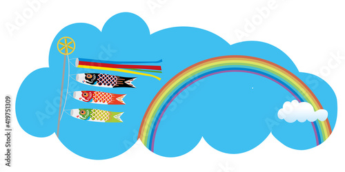 Fototapete 子供の日こどもの日端午の節句用イラストバナー 雲形青空と白い雲緑の丘と吹き流し鯉のぼりのイラスト Globeds