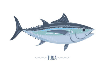 Fresh tuna fish isolated on white background. Vector illustration, cartoon, icon, emblem, simbol, logo, sticker for poster, menu, label, packaging