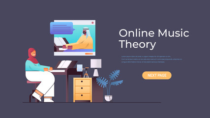 arab woman playing piano while watching video lessons with male teacher in web browser window online music theory concept full length horizontal copy space vector illustration