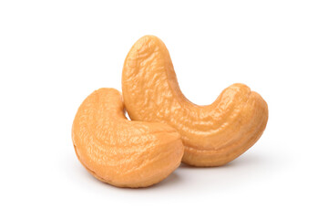 Close-up Two Roasted cashew nuts isolated on white background. Clipping path.