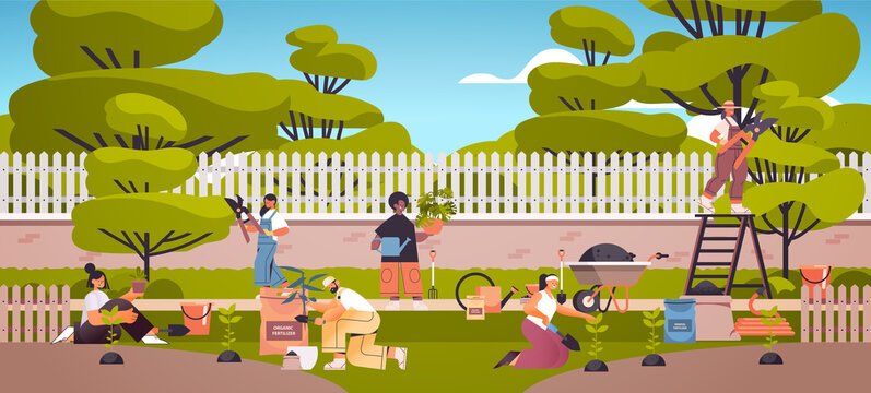 gardeners taking care of plants people working together planting gardens flowers in backyard gardening concept full length horizontal vector illustration