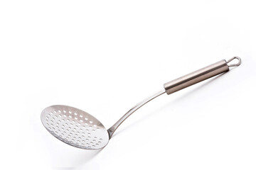 Stainless Steel Round Kitchen Skimmer or Skimmer Spoon Isolated on White Background, Skimming Ladle