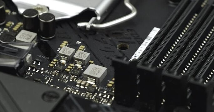 Truck shot of CPU Processor and RAM Socket. Circuit board with capacity, Computer Motherboard with electronic capacity components device