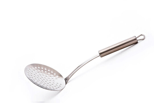 Stainless Steel Round Kitchen Skimmer or Skimmer Spoon Isolated on White Background, Skimming Ladle