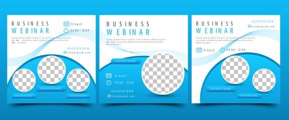 Set of Webinar social media post template. Blue and white background color with abstract shape line. Perfect for social media, banners, and web ads. Banner design with place for the photo.