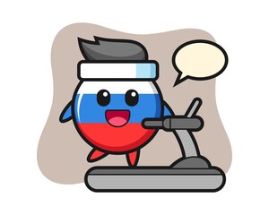 Russia flag badge cartoon character walking on the treadmill