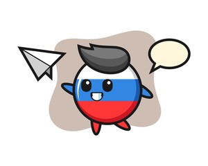 Russia flag badge cartoon character throwing paper airplane